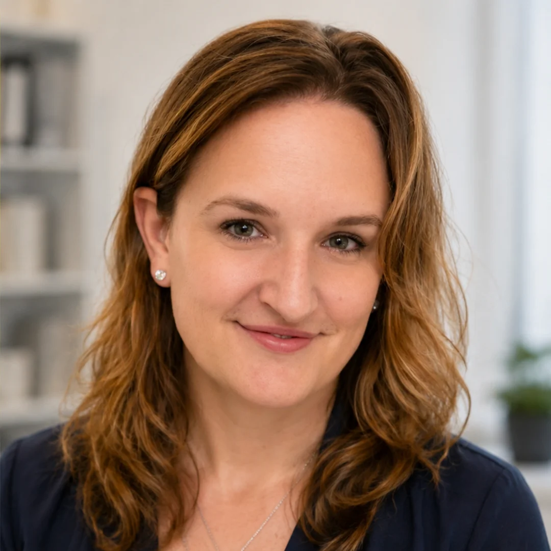 Professional headshot of Amalia smiling indoors against a softly blurred background.